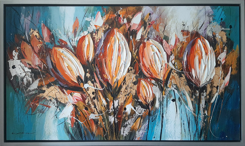 Cuadro Flores Capullos Tulipanes Cuadro Flores Capullo Tulipanes Anaranjados Fondo Turquesa