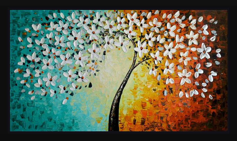 Pintura Minimalista Árbol con Flores Blancas