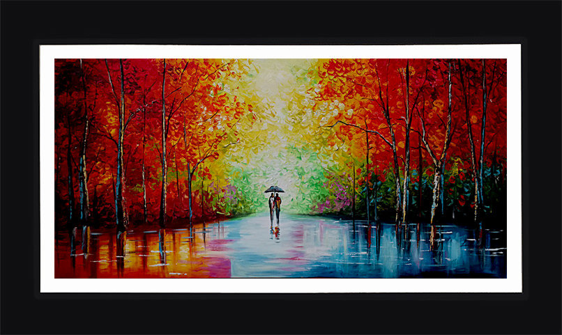 Cuadro Paisaje Caminata de Pareja en el Lago con Árboles